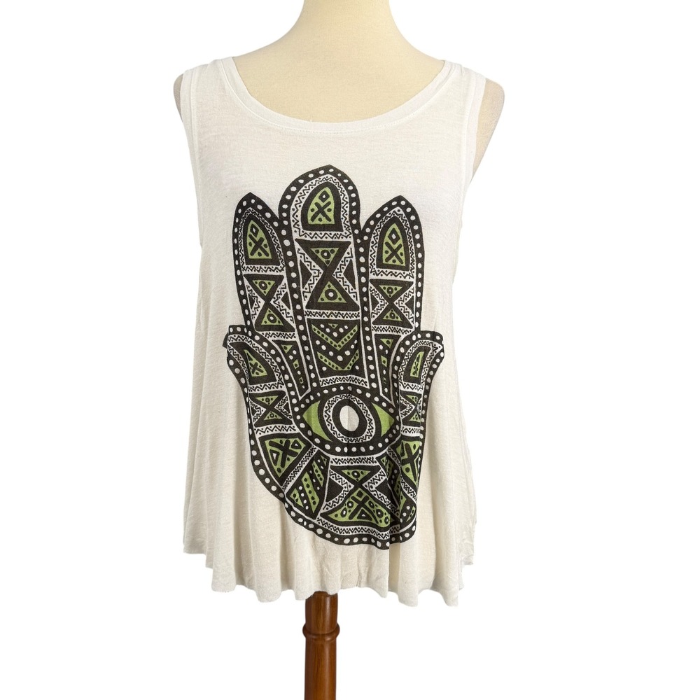 Daydreamer LA Tank Top Size Small White‎ Hamsa Hand Graphic Open Back Oversized